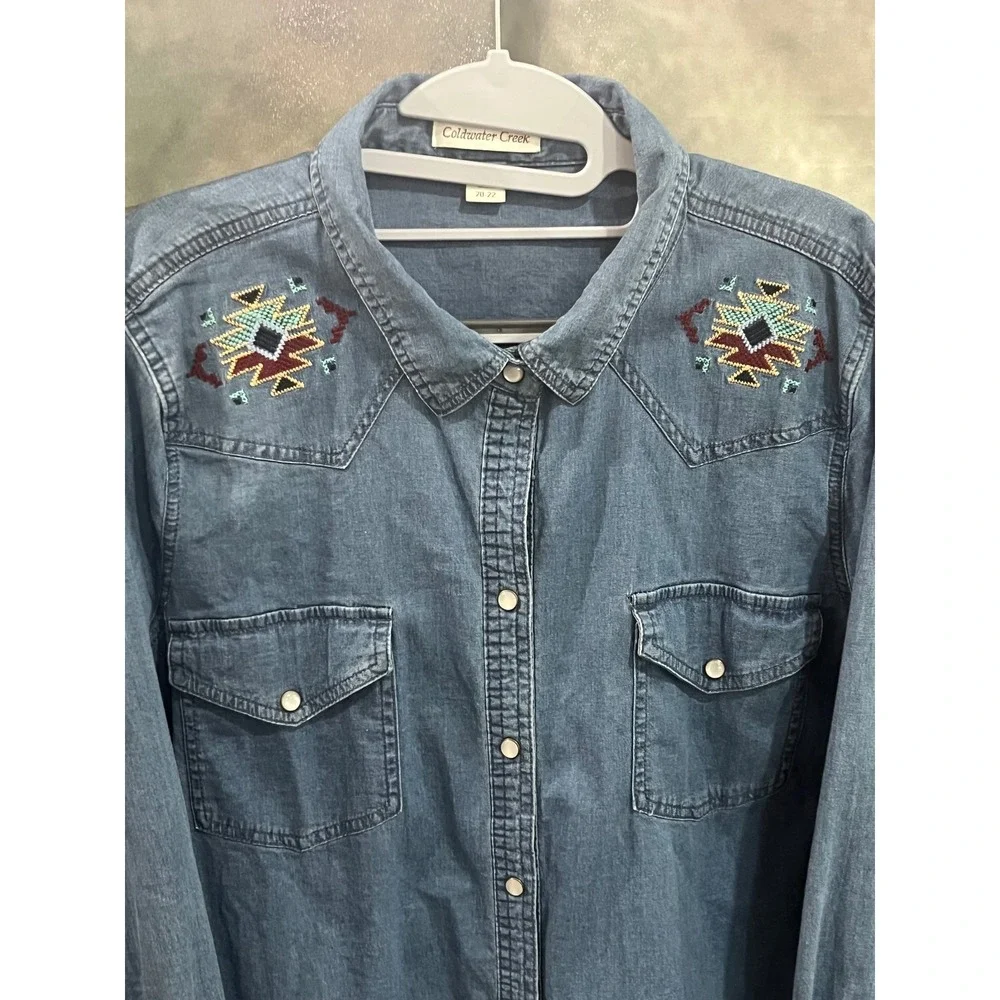 Coldwater Creek Womens Plus 20-22 Denim Western Shirt Embroidered Southwest Blue - Picture 3 of 6